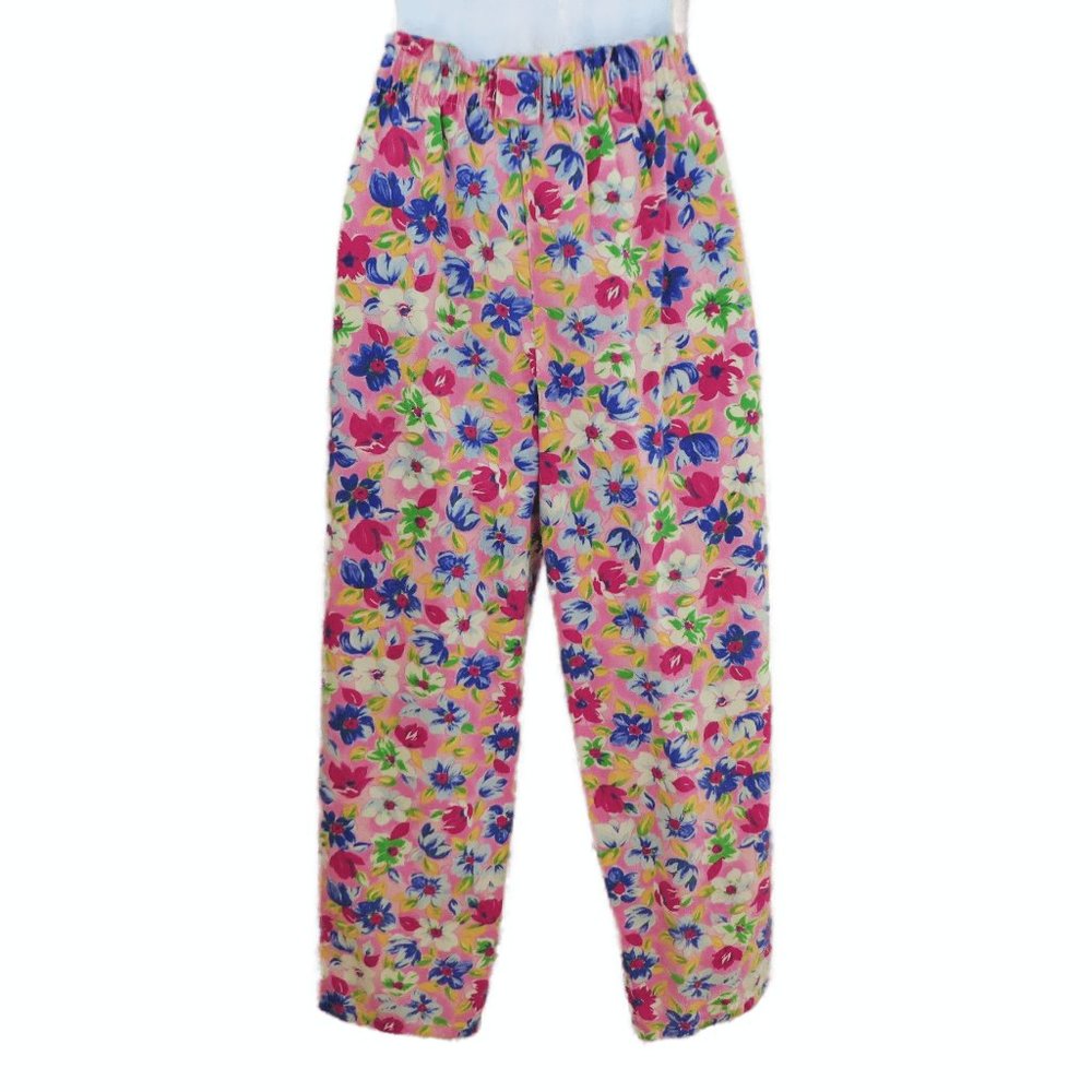 Vintage Pink Floral Pull On Pants Girly Retro Elastic Waist Cotton High Rise - Picture 3 of 8